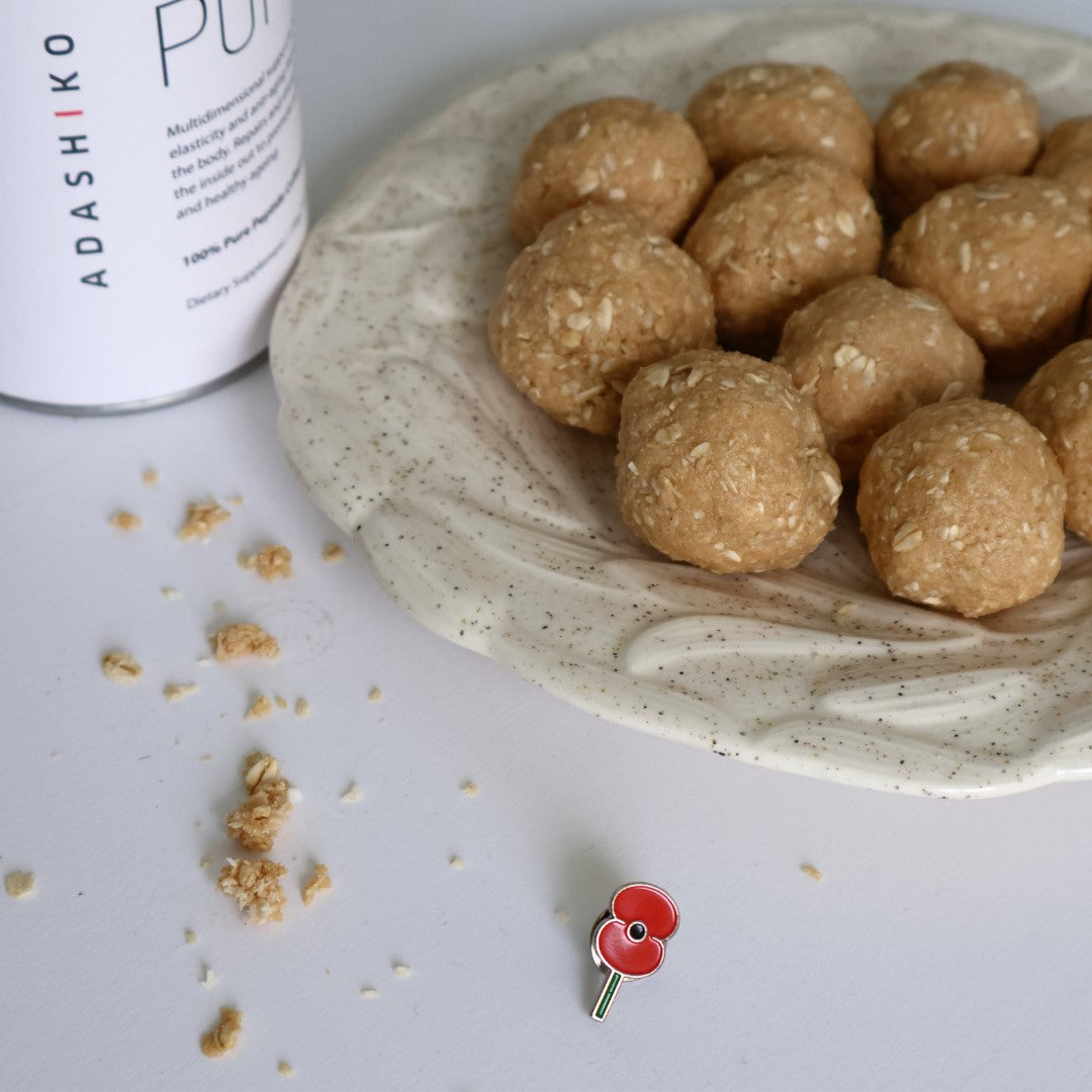 A plate of ANZAC Collagen Bliss Balls next to a tub of Adashiko Pure Collagen Powder | Adashiko Collagen | 100% Natural Skincare