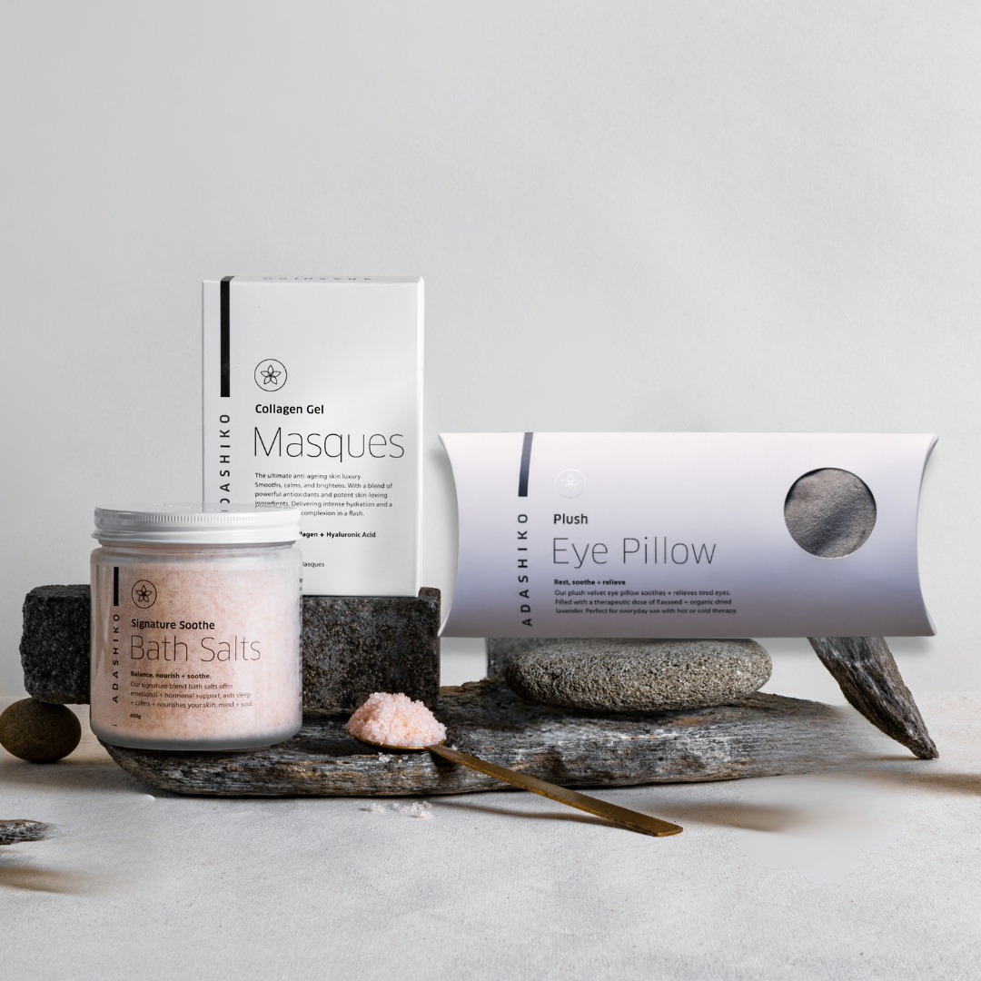 Mother's Day Tranquility Trio - box of Collagen Gel Masques + jar of Signature Soothe Bath Salts + boxed Plus Eye Pillow side by side | Adashiko Collagen | 100% Natural Skincare