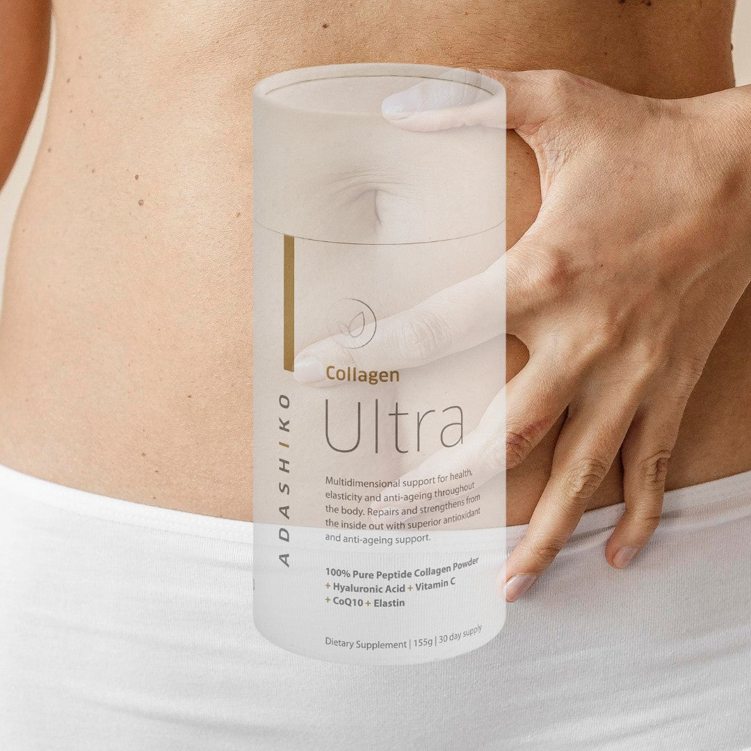 Had on stomach with Collagen Ultra Tub superimposed - Adashiko Collagen | 100% Natural Skincare