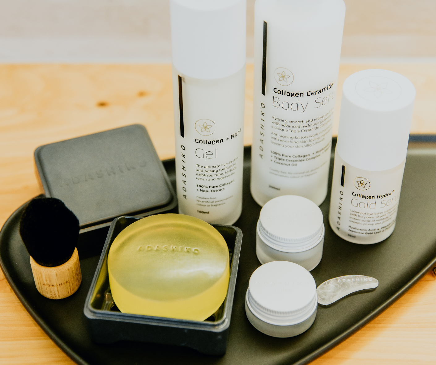 Selection of Adashiko products laid out on a tray | Adashiko Collagen | 100% Natural Skin Care