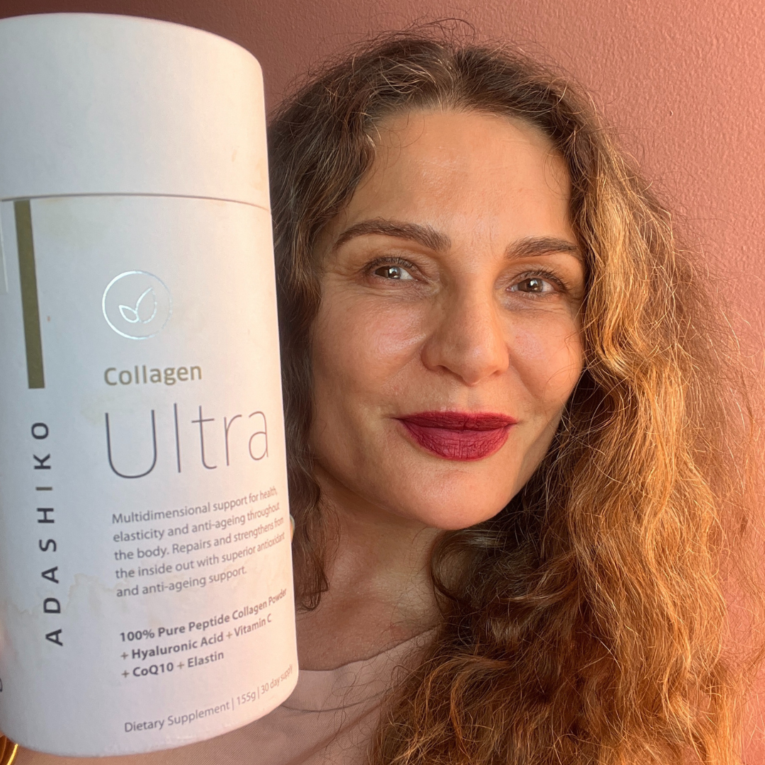 Danielle Cormack holding a tub of Collagen Ultra | Adashiko Collagen | 100% Natural Skincare
