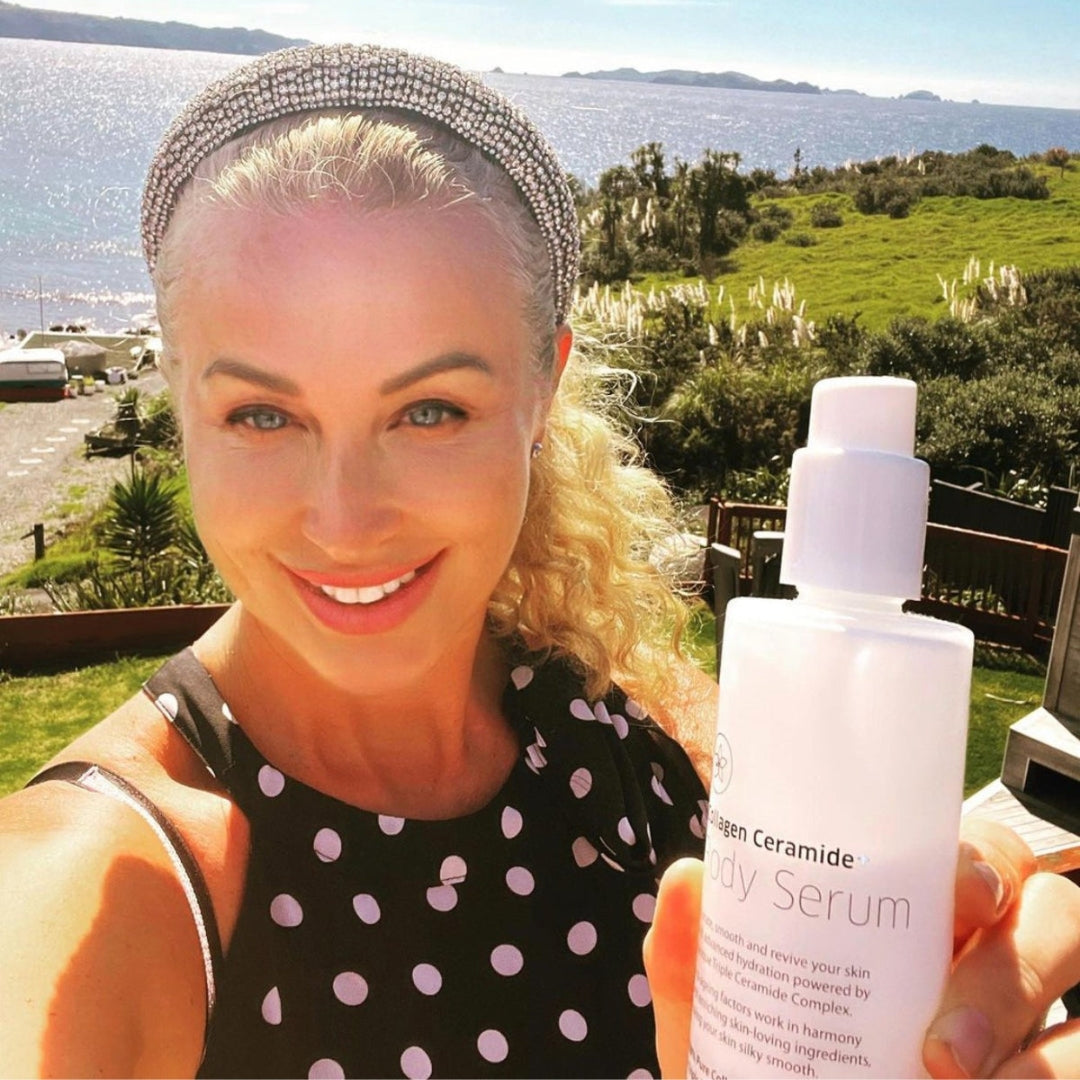 Vanessa Bennett holding a bottle of Collagen Ceramide+ Body Serum | Adashiko Collagen | 100% Natural Skincare