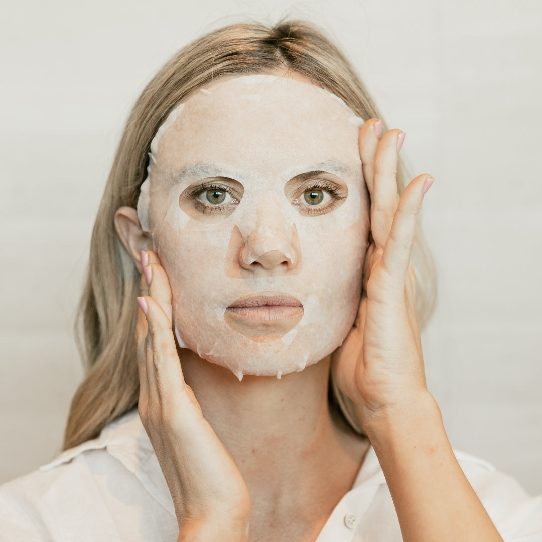 Adashiko Collagen Gel Cloth Face Masque applied to a models face | Adashiko Collagen | 100% Natural Skincare