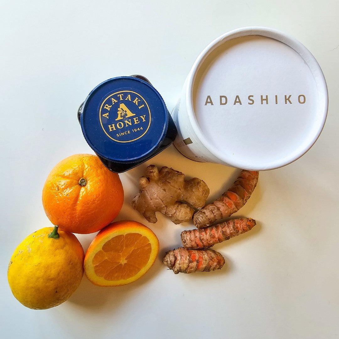 Ingredients for Tumeric Tonic Recipe side by side | Adashiko Collagen | 100% Natural Skincare