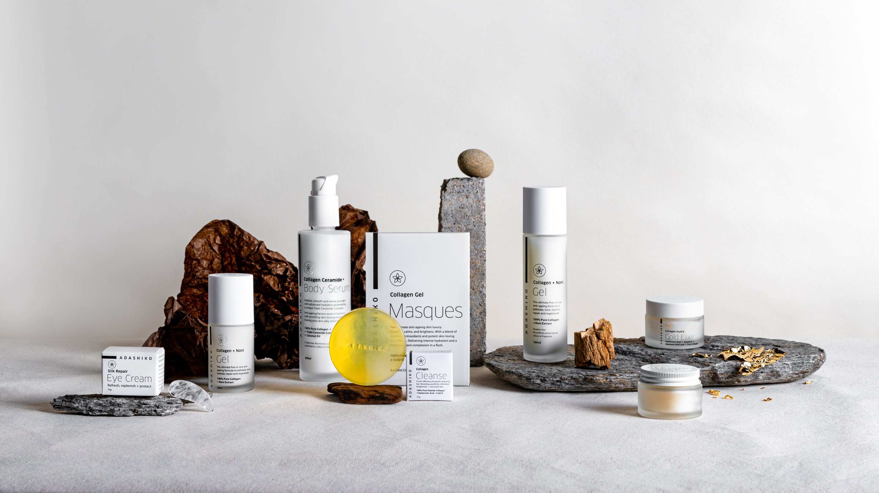 Adashiko Collagen Skincare Collection - products displayed against a grey background | Adashiko Collagen | 100% Natural Skincare
