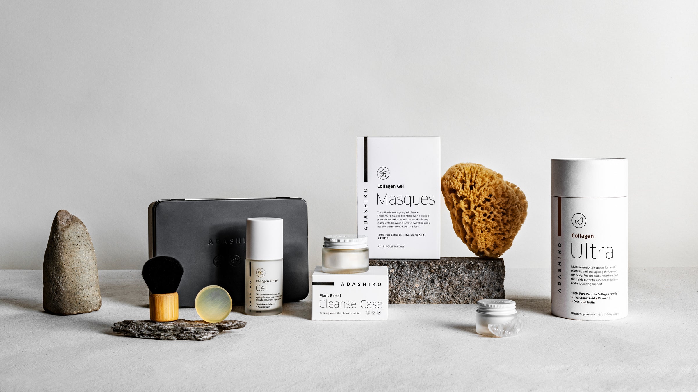 Adashiko Collagen + Skincare Kits - selection of products displayed against a grey background | Adashiko Collagen | 100% Natural Skincare