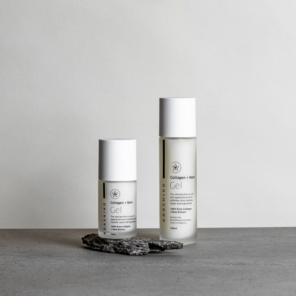Jars of 50ml & 10ml Collagen + Noni Gel side by side | Adashiko Collagen | 100% Natural Skincare