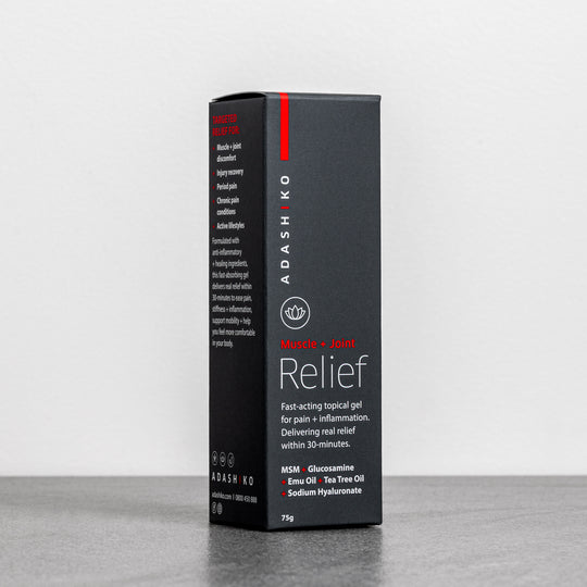 Box of Muscle + Joint Relief against a grey background | Adashiko Collagen | 100% Natural Skincare