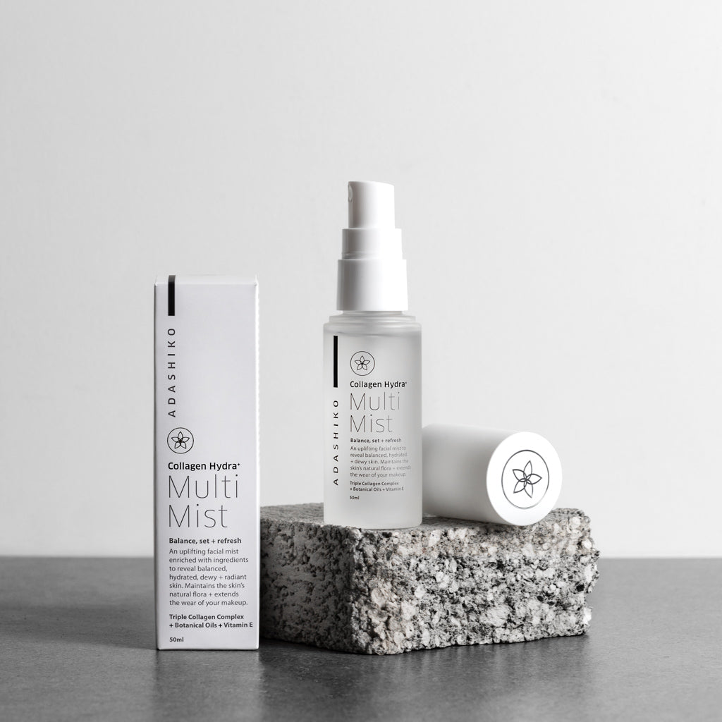 Collagen Hydra+ Multi Mist - packaging + bottle shown against a grey background | Adashiko Collagen | 100% Natural Skincare