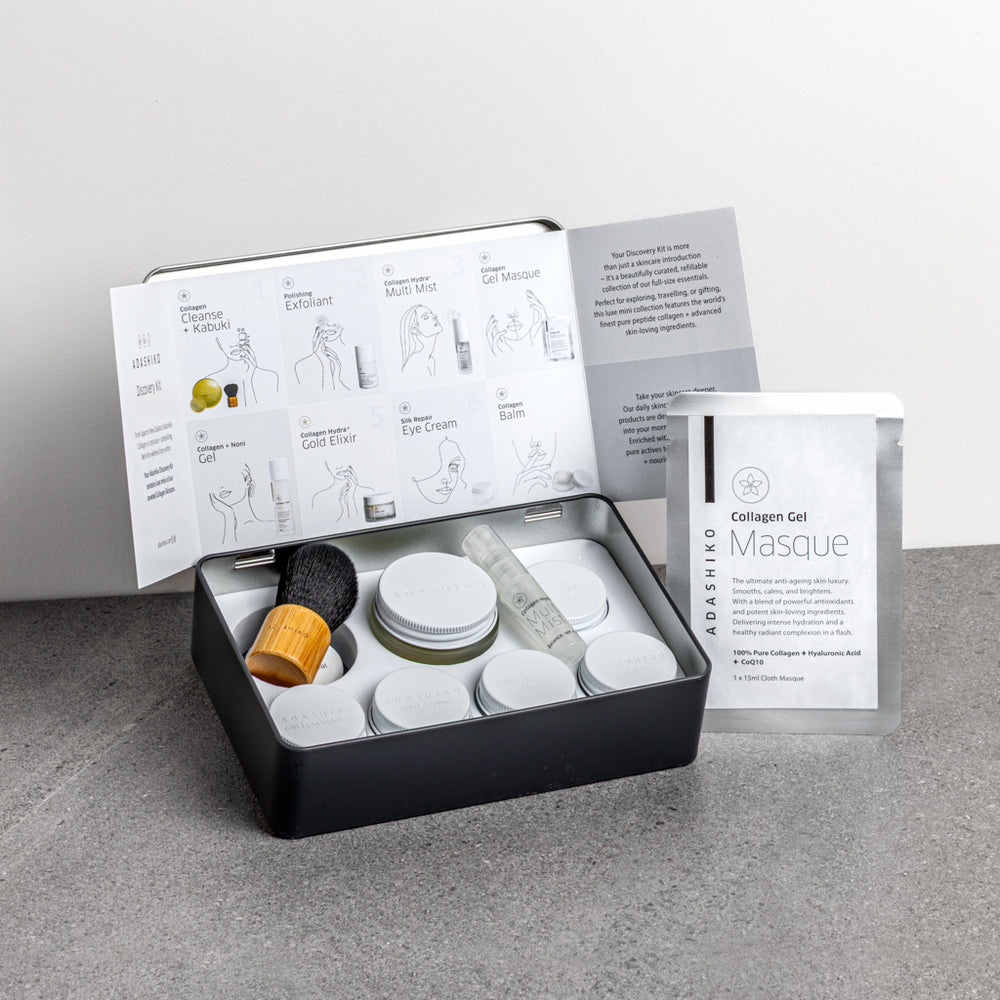 Adashiko Collagen Skincare Discovery Kit - open with information card and contents - Adashiko Collagen | 100% Natural Skincare