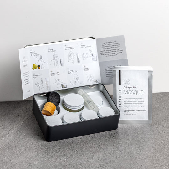 Adashiko Collagen Skincare Discovery Kit - open with information card and contents - Adashiko Collagen | 100% Natural Skincare