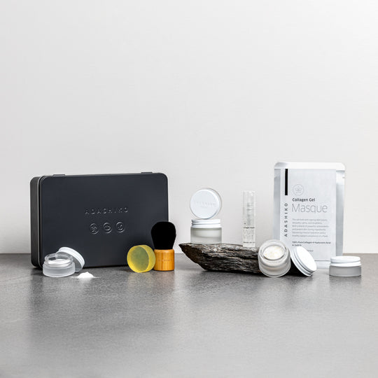 Adashiko Collagen Skincare Discovery Kit - with the contents laid out on bench top - Adashiko Collagen | 100% Natural Skincare