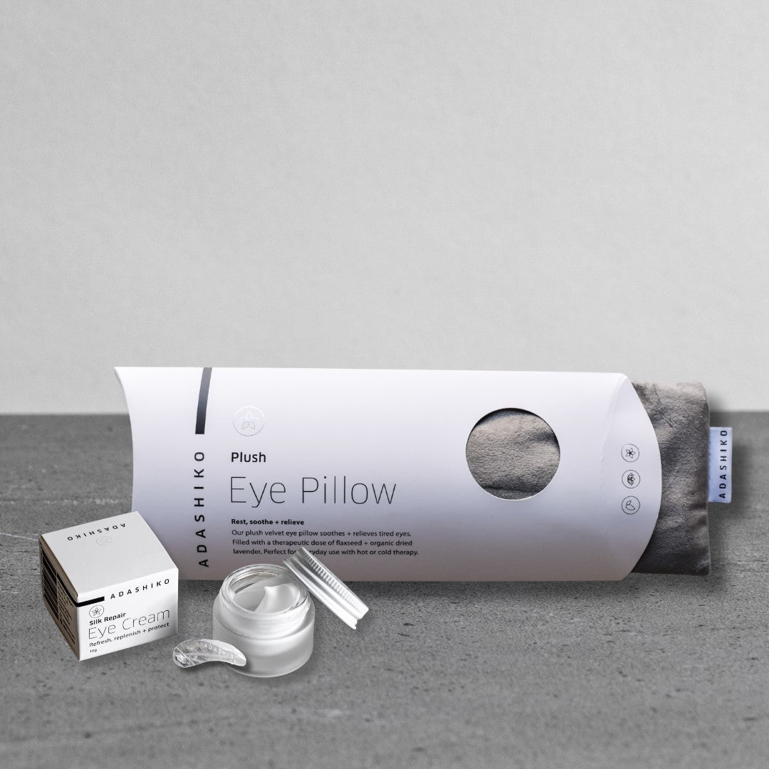 Lush Eye Pillow in box and Silk Repair Eye Cream jar, box, and spatula | Adashiko Collagen | 100% Natural Skincare