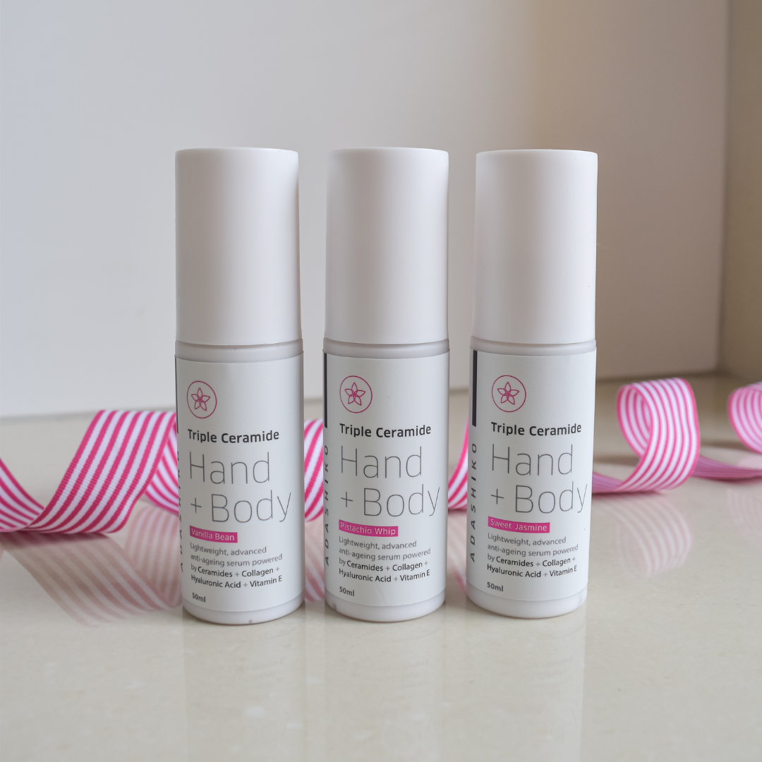 Mother's Touch Collection - Triple Ceramide Hand + Body - 3 bottles side by side | Adashiko Collagen | 100% Natural Skincare