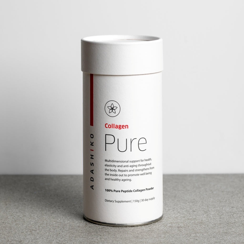 Tub of Pure Collagen Powder against a grey background | Adashiko Collagen | 100% Natural Skincare
