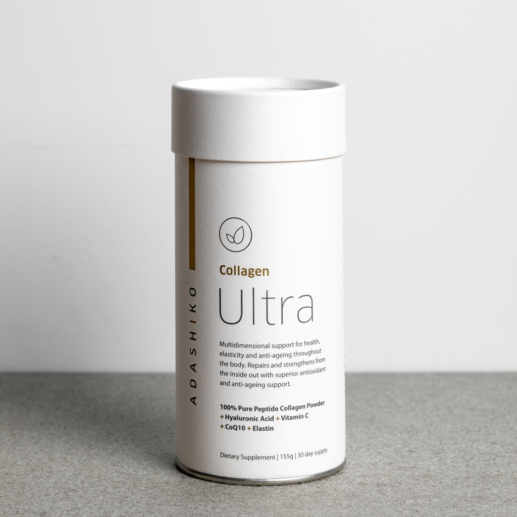 Tub of Ultra Collagen Powder against a grey background | Adashiko Collagen | 100% Natural Skincare