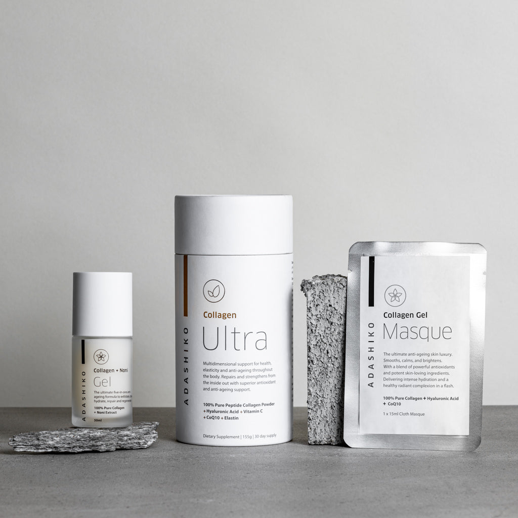 Ultra Starter Kit - Collagen + Noni Gel 50ml bottle, Collagen Ultra Powder 155g tub & Collagen Gel Masque side by side | Adashiko Collagen | 100% Natural Skincare