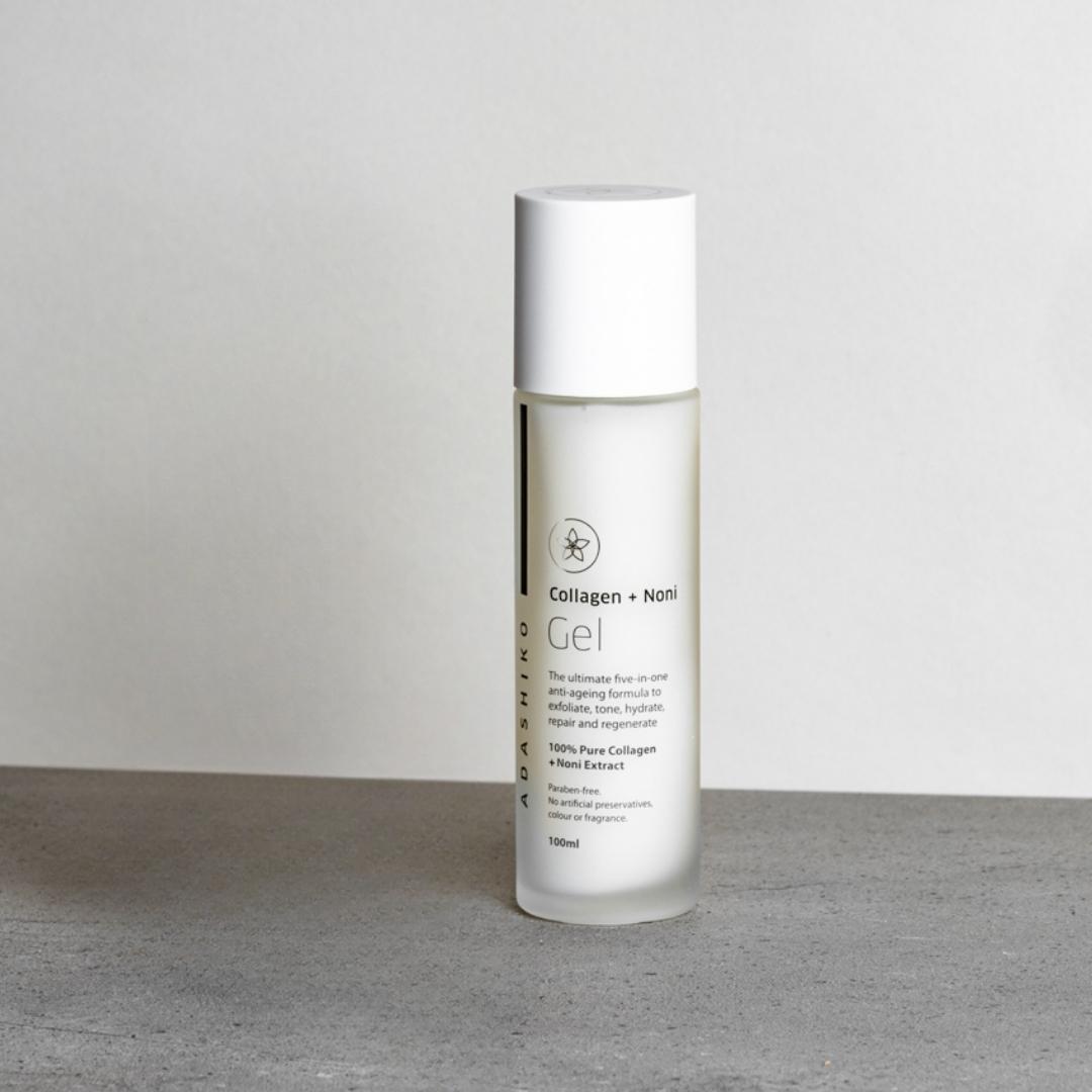 Collagen + Noni Gel 100ml bottle against a grey background | Adashiko Collagen | 100% Natural Skincare