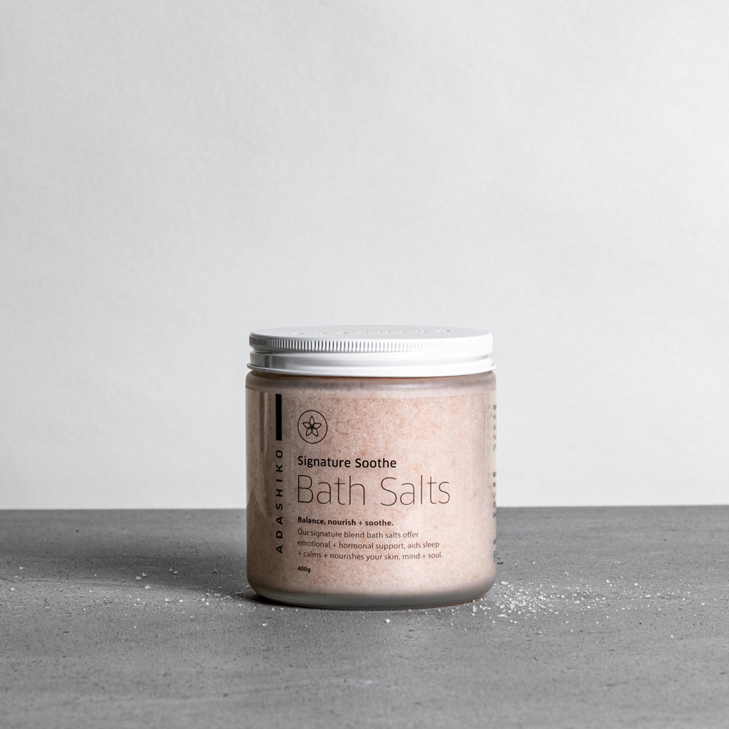 Signature Soothe Bath Salts - jar with lid on against a grey background | Adashiko Collagen | 100% Natural Skin Care