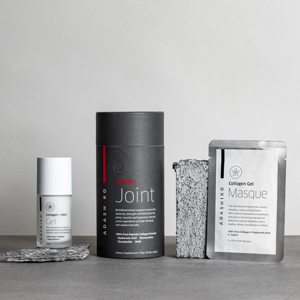 Joint Starter Kit - Collagen + Noni Gel 50ml bottle, Collagen Joint Powder 155g tub & Collagen Gel Masque side by side | Adashiko Collagen | 100% Natural Skincare