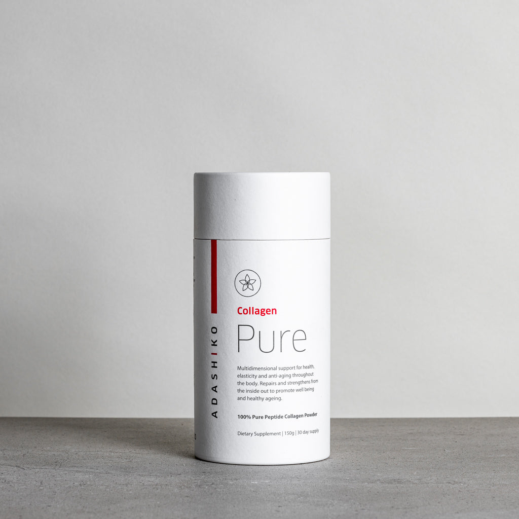 Tub of Pure Collagen Powder against a grey background | Adashiko Collagen | 100% Natural Skincare