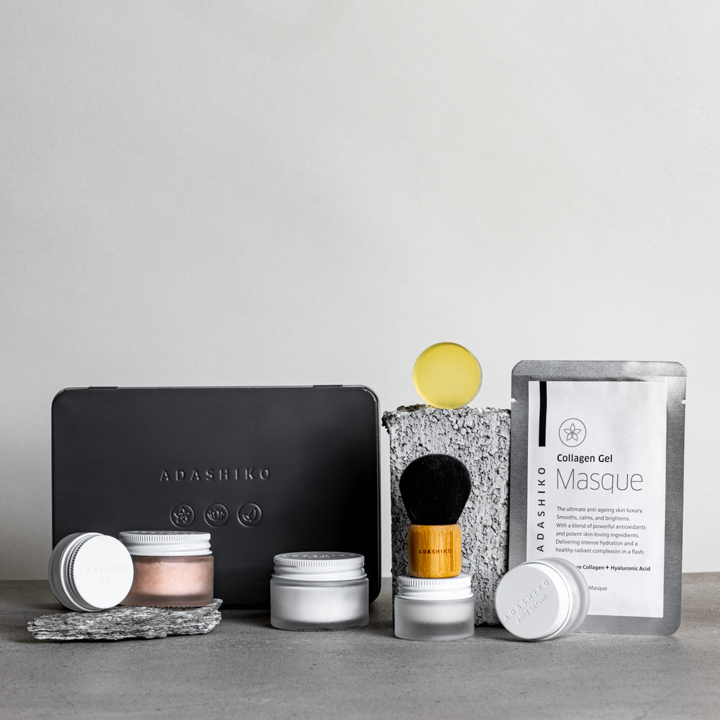 Adashiko Collagen Skincare Discovery Kit - closed tin with contents shown alongside - Adashiko 100% Natural Skincare