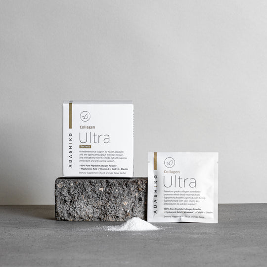Ultra Collagen Powder Travel Sachets - box & sachet side by side | Adashiko Collagen | !00% Natural Skincare