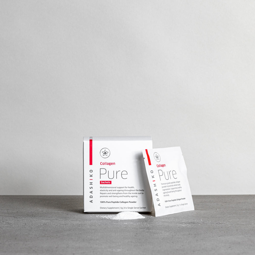 Pure Collagen Powder Travel Sachets - box & sachet side by side | Adashiko Collagen | !00% Natural Skincare