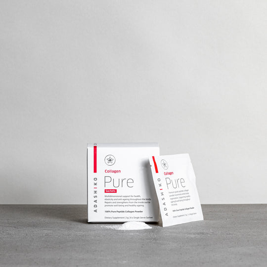 Pure Collagen Powder Travel Sachets - box & sachet side by side | Adashiko Collagen | !00% Natural Skincare