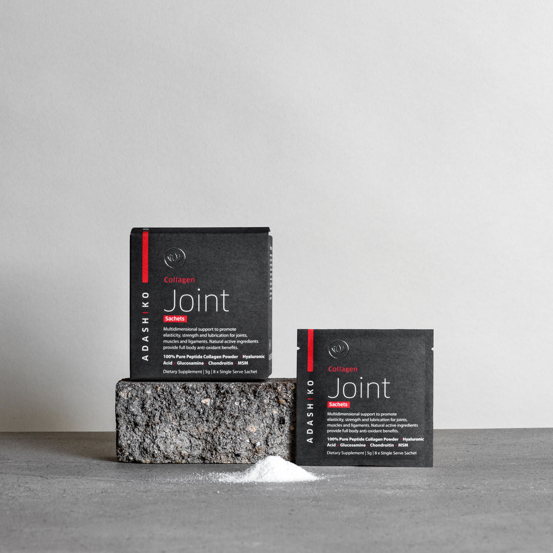 Joint Collagen Powder Travel Sachets - box & sachet side by side | Adashiko Collagen | !00% Natural Skincare