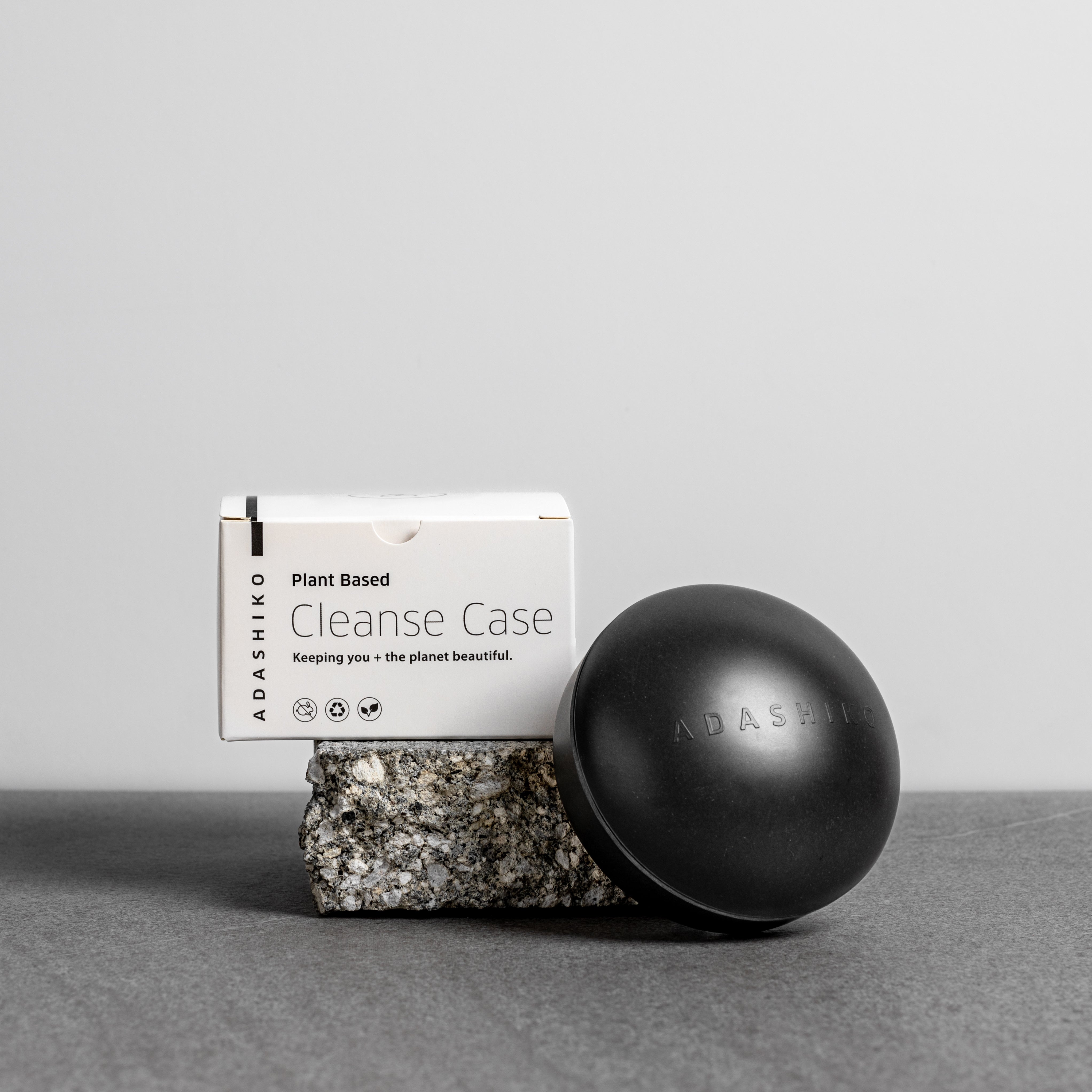 Collagen Cleanse Storage Case - Slate Grey - shown next to packaging box | Adashiko Collagen | 100% Natural Skincare