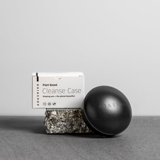 Collagen Cleanse Storage Case - Slate Grey - shown next to packaging box | Adashiko Collagen | 100% Natural Skincare