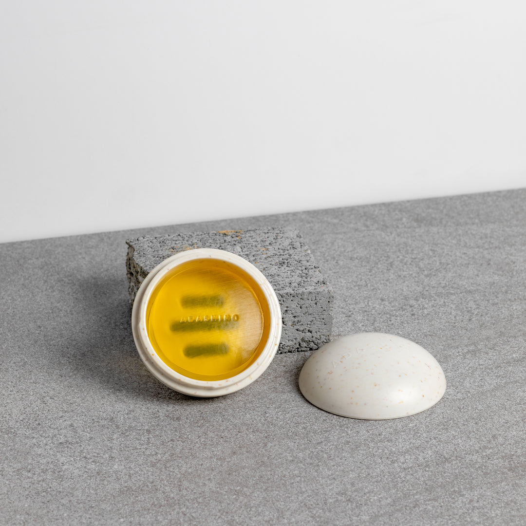 Collagen Cleanse Storage Case - Oat, open with Cleanse Bar inside | Adashiko Collagen | 100% Natural Skincare
