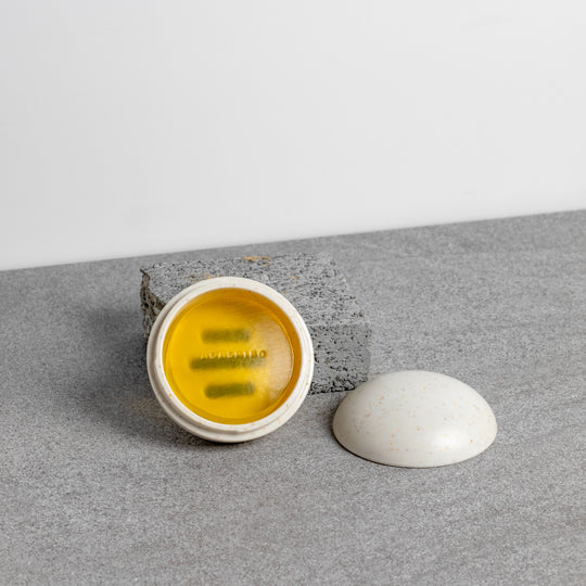 Collagen Cleanse Storage Case - Oat, open with Cleanse Bar inside | Adashiko Collagen | 100% Natural Skincare