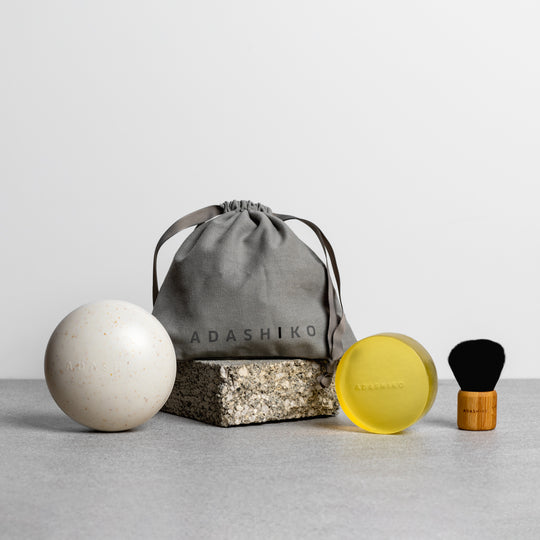 Oat coloured Cleanse Case, Linen Bag, Cleanse Bar, Kabuki Brush - side by side | Adashiko Collagen | 100% Natural Skincare