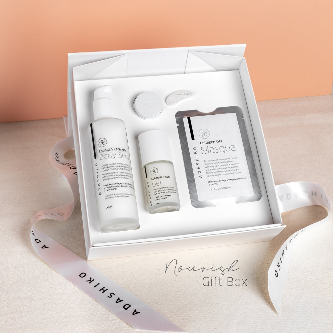 Nourish Gift Box shown open with products on display inside | Adashiko Collagen | 100% Natural Skincare